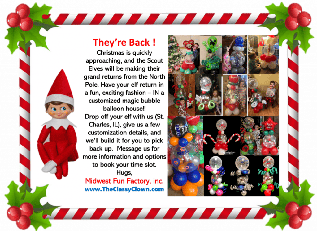 Stuffed elf on the shelf scout elves in a magical bubble house straight from the North Pole and Santa's workshop